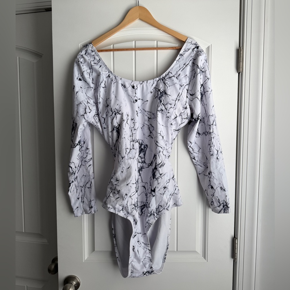 White Marble Long Sleeve Swimsuit